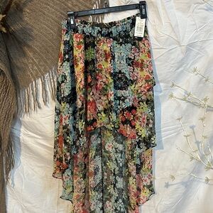 Zara Black Floral High-Low Chiffon Skirt with Multicolor Blooms